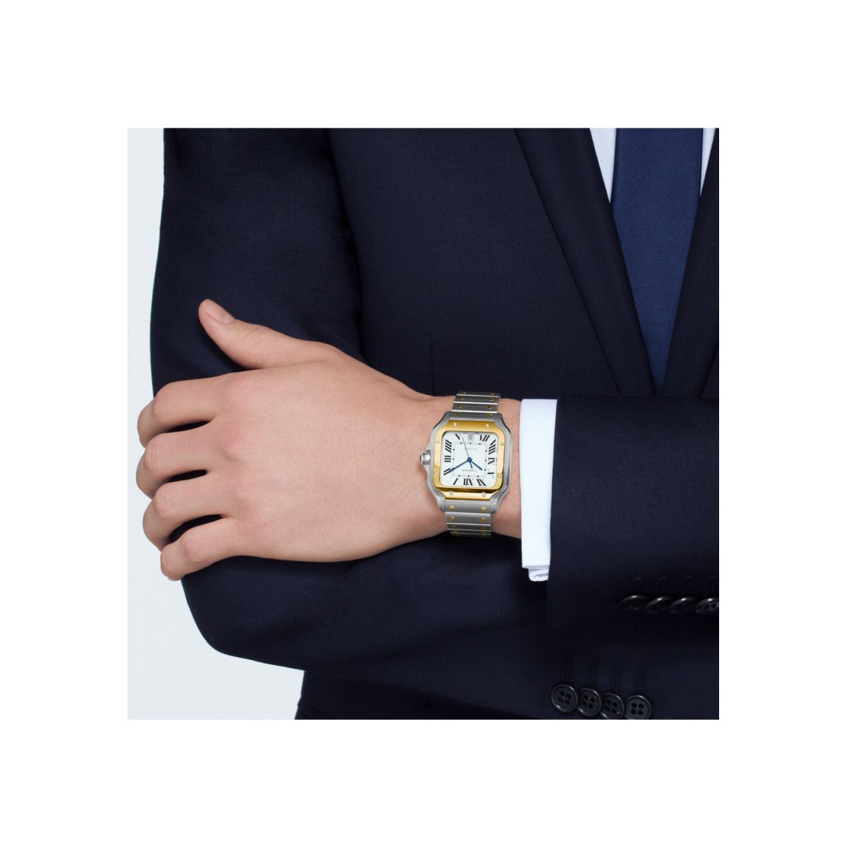 CARTIER WATCH SANTOS DE CARTIER LARGE MODEL AUTOMATIC GOLD AND STEEL TWO INTERCHANGEABLE STRAPS