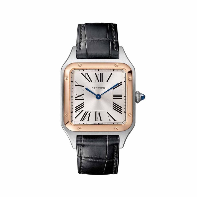 CARTIER WATCH SANTOS-DUMONT LARGE MODEL, ROSE GOLD AND STEEL, LEATHER