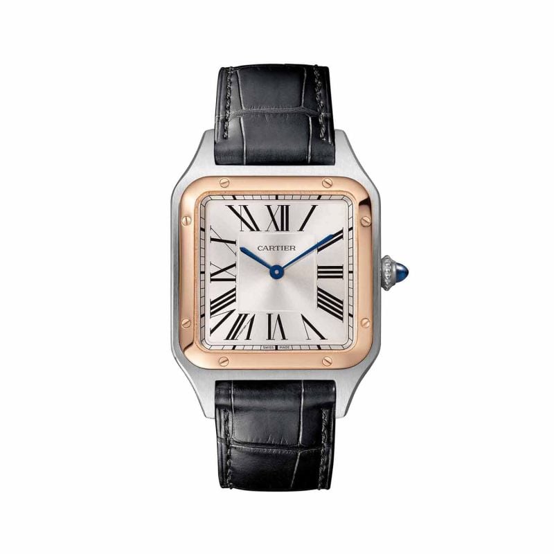 MONTRE CARTIER SANTOS-DUMONT MODEL GRANDE, OR ROSE ET ACIER, CUIR