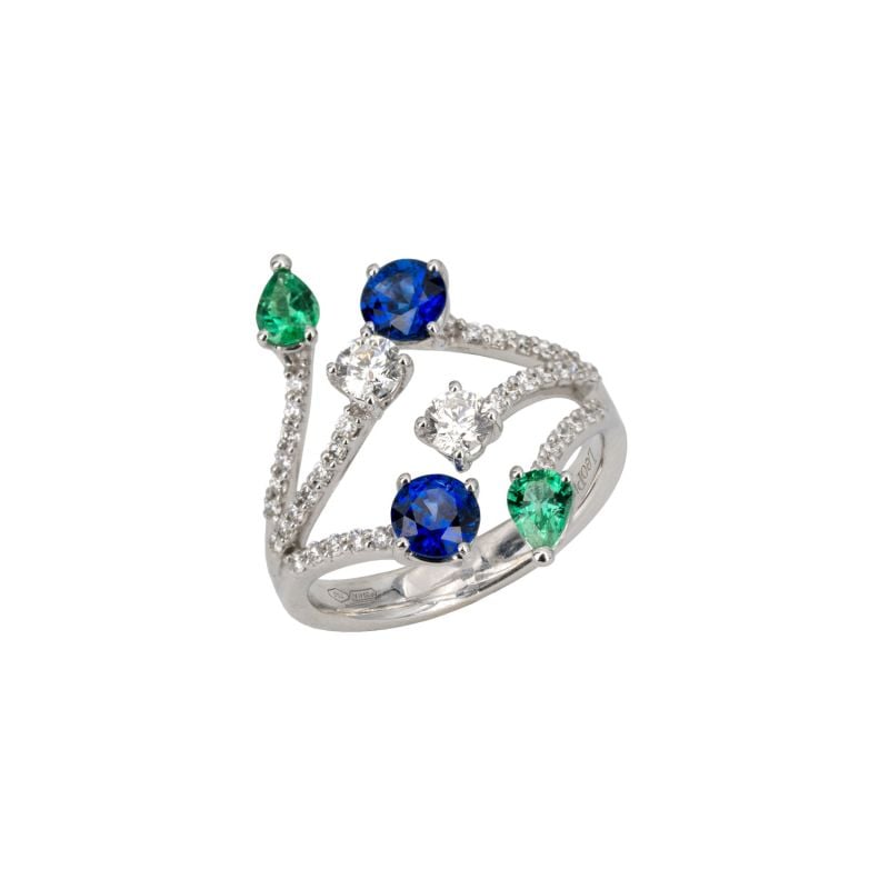 LEO PIZZO ANILLO EN ORO BLANCO CON DIAMANTES, ESMERALDAS Y ZAFIROS AZULES