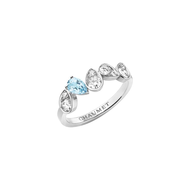 CHAUMET WHITE GOLD RING WITH AQUAMARINE AND DIAMONDS JOSEPHINE RONDE D'AIGRETTES 