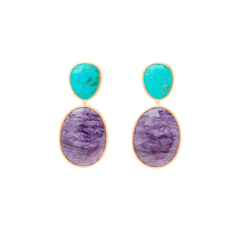 MARCO BICEGO PENDIENTES DE ORO AMARILLO CON TURQUESA Y CHAROITA LUNARIA COLOR