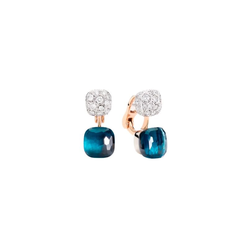 POMELLATO PENDIENTES DE ORO ROSA Y DE ORO BLANCO CON DIAMANTES BLANCOS TOPACIO AZUL LONDON NUDO