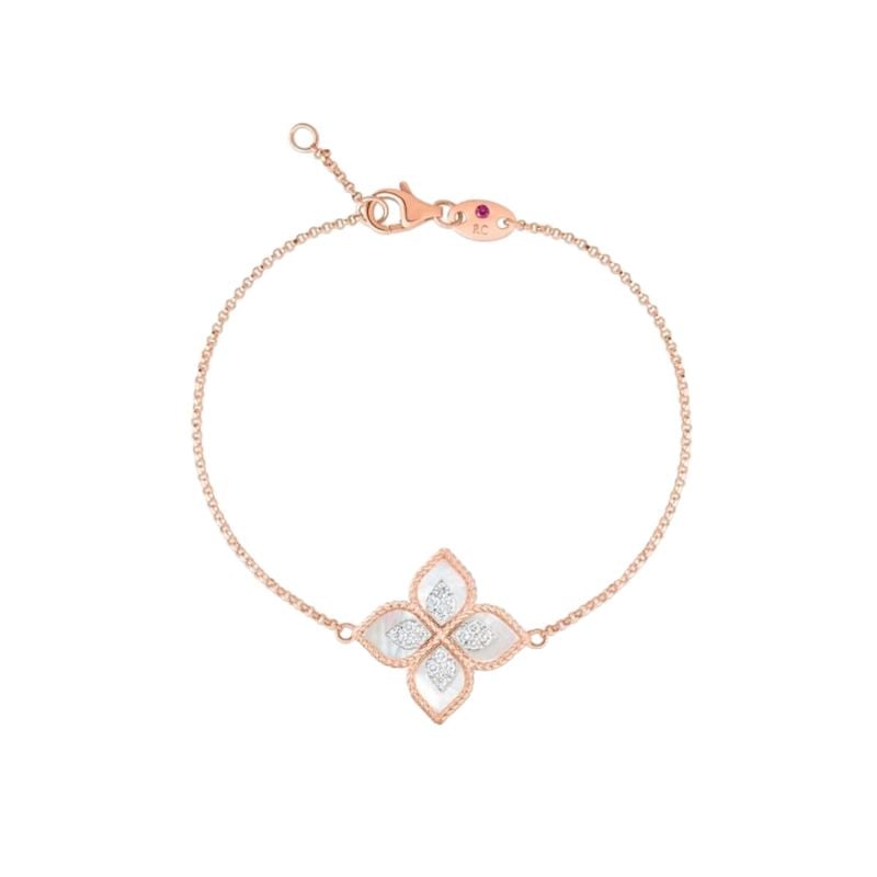ROBERTO COIN PULSERA DE ORO ROSA Y DE ORO BLANCO CON DIAMANTES BLANCOS Y NACAR BLANCO PRINCESS FLOWER