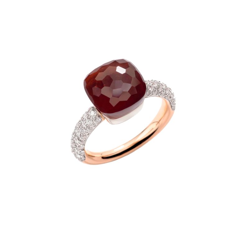 POMELLATO ROSE AND WHITE GOLD RING WITH WHITE DIAMONDS AND GARNET NUDO CLASSIC