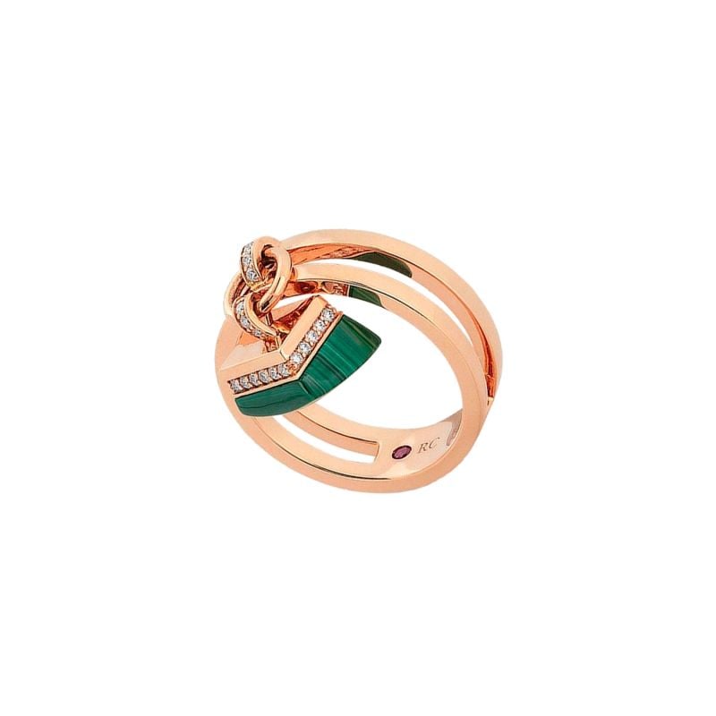 ROBERTO COIN ROSE GOLE RING WITH WHITE DIAMONDS AND MALACHITE SAUVAGE PRIVE