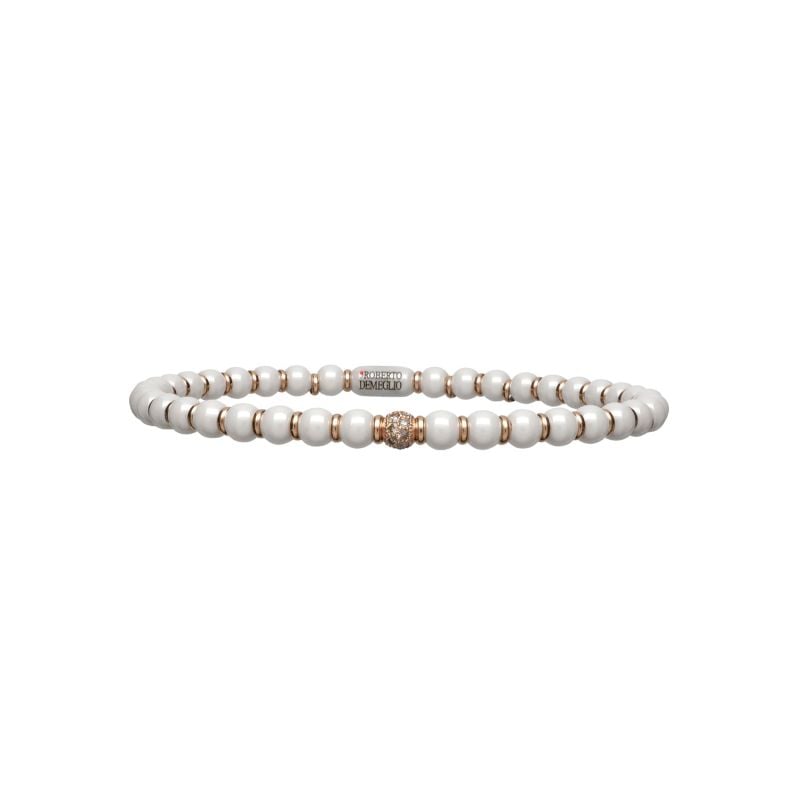 ROBERTO DEMEGLIO PULSERA DE ORO ROSA Y CERÁMICA BLANCA CON DIAMANTES BROWN PULIDA SFERA SMALL