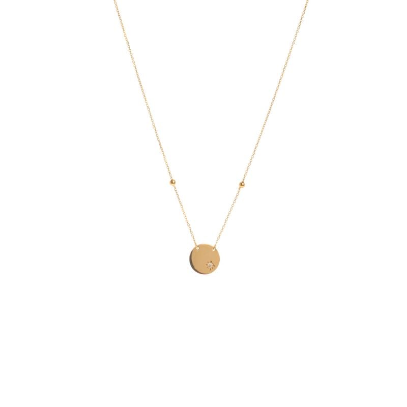 QUERA COLLAR DE ORO AMARILLO CON UN DIAMANTE PLACA REDONDA
