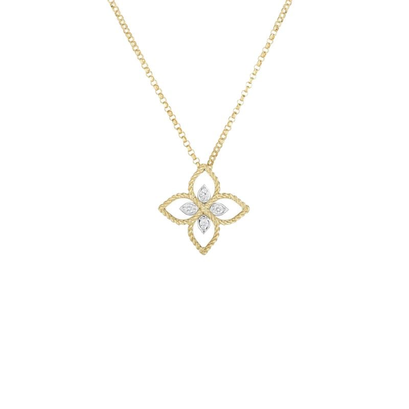 ROBERTO COIN YELLOW GOLD AND WHITE GOLD NECKLACE WITH PRINCESS FLOWER DIAMONDS