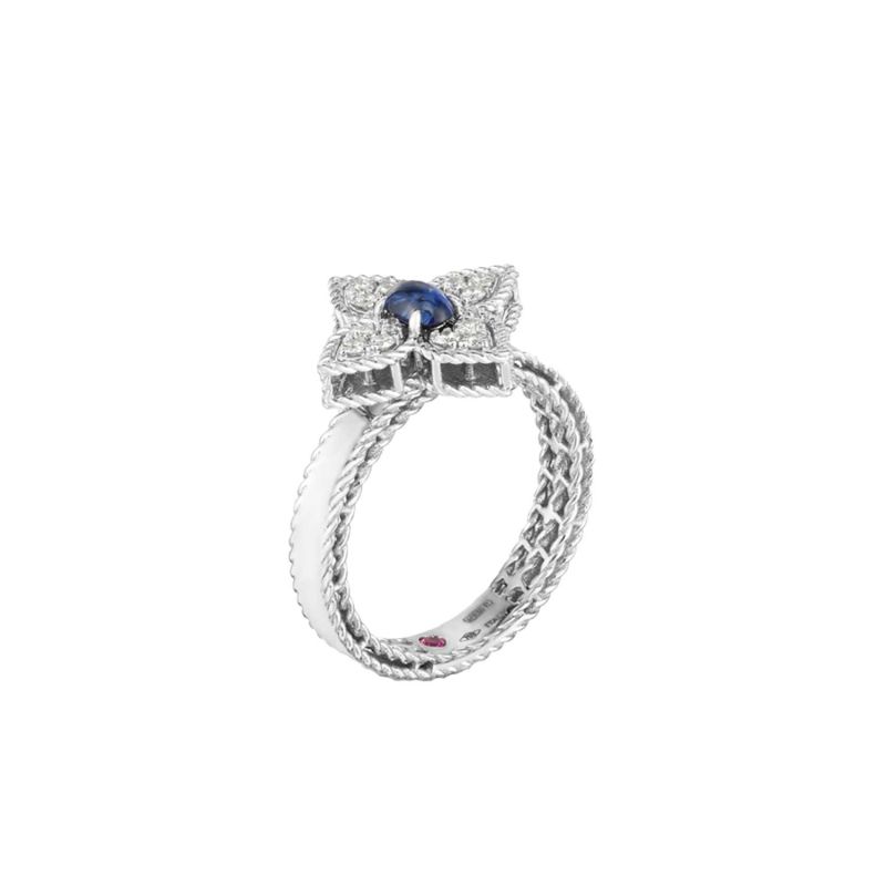 ROBERTO COIN WHITE GOLD RING WITH TANZANITE AND DIAMONDS PRINCESS FLOWER