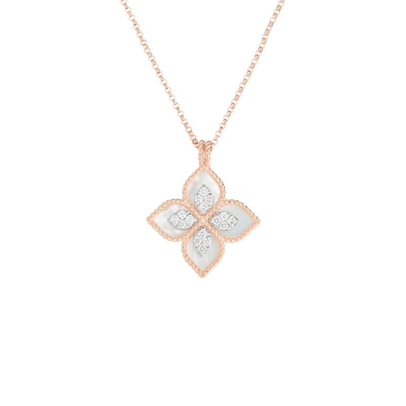ROBERTO COIN ROSE GOLD AND WHITE GOLD NECKLACE WITH MOTHER-OF-PEARL AND DIAMONDS PRINCESS FLOWER