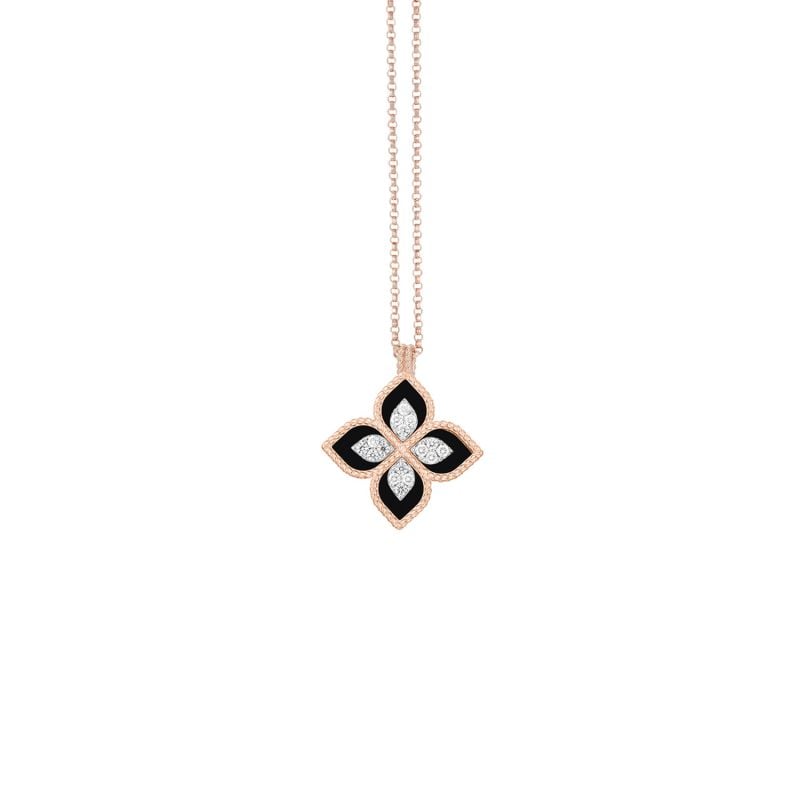 ROBERTO COIN COLLAR DE ORO ROSA Y ORO BLANCO CON JADE NEGRO Y DIAMANTES PRINCESS FLOWER
