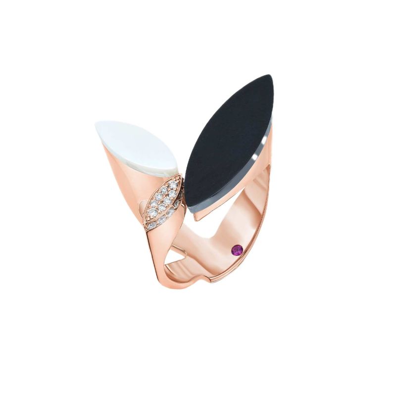 ROBERTO COIN ROSE GOLD RING WITH MOTHER OF PEARL, ONYX AND DIAMONDS PETALS