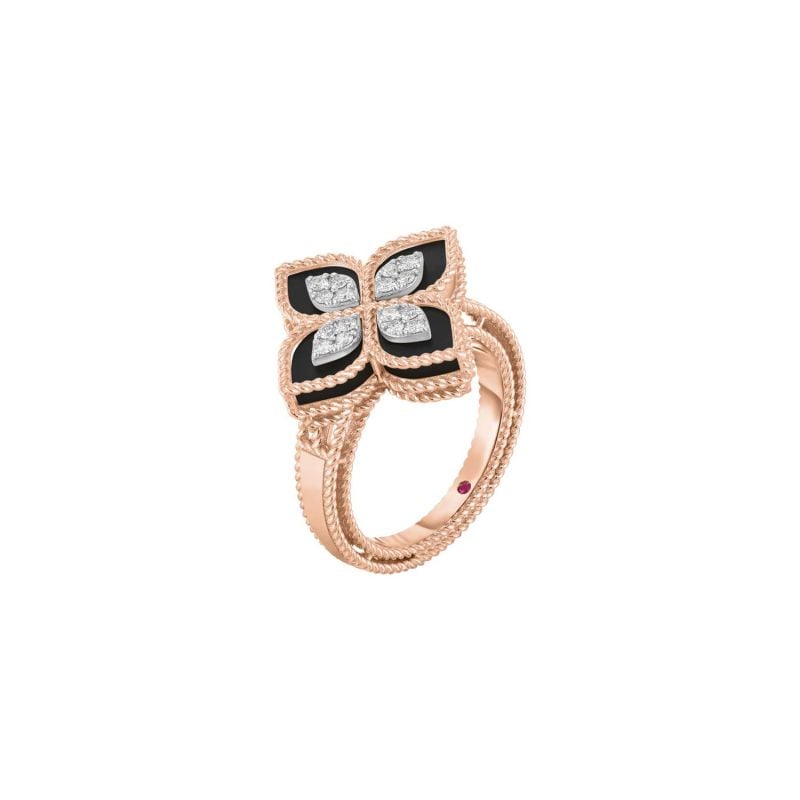 ROBERTO COIN ANILLO DE ORO ROSA Y ORO BLANCO CON JADE NEGRO Y DIAMANTES PRINCESS FLOWER