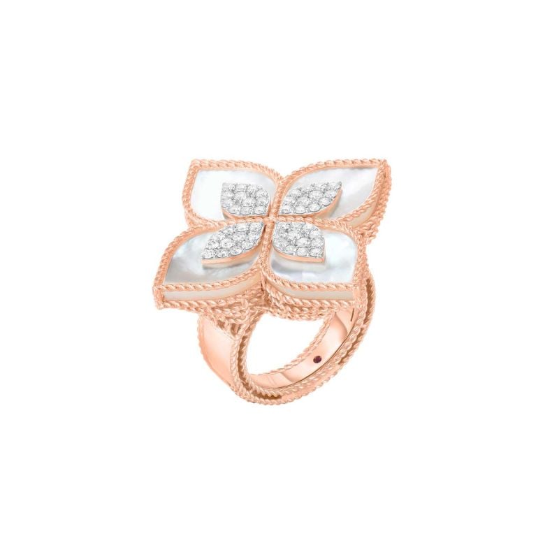 ROBERTO COIN ROSE GOLD AND WHITE GOLD RING WITH MOTHER-OF-PEARL AND DIAMONDS PRINCESS FLOWER 