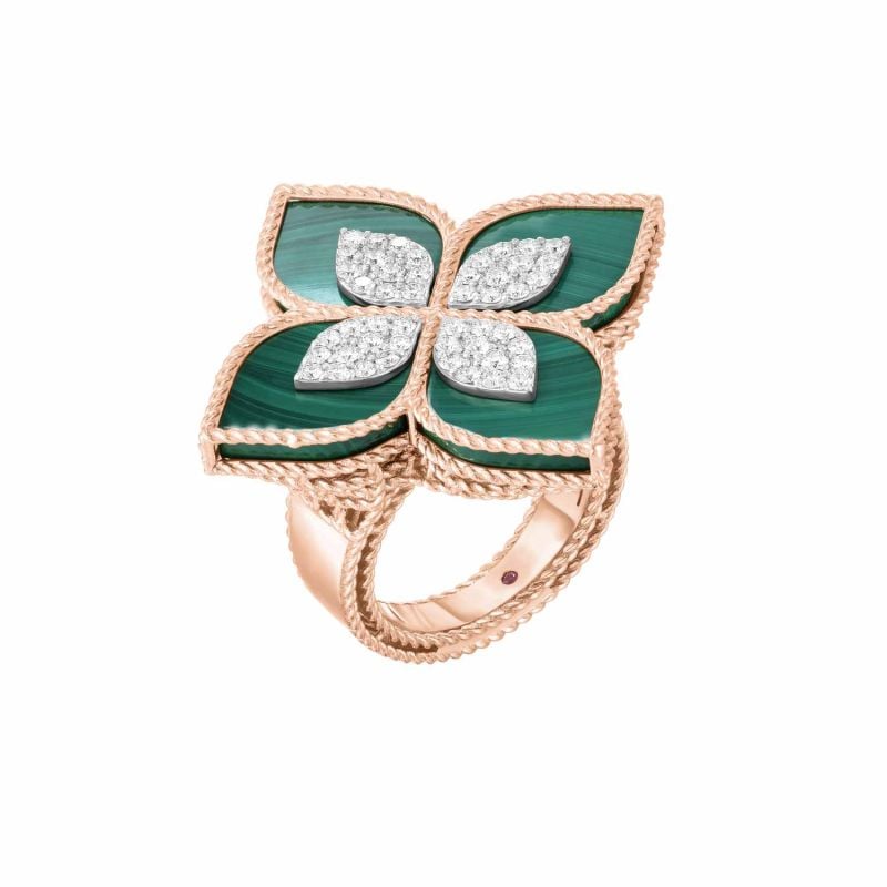 ROBERTO COIN ANILLO DE ORO ROSA CON MALAQUITA Y DIAMANTES PRINCESS FLOWER
