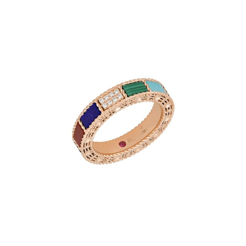 ROBERTO COIN ANILLO DE ORO ROSA CON LAPISLAZULI, NACAR, TURQUESA, MALAQUITA Y DIAMANTES ART DECO