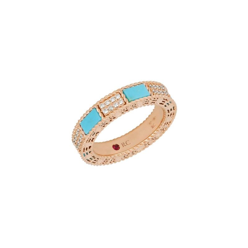 ROBERTO COIN ANILLO DE ORO ROSA CON TURQUESAS Y DIAMANTES ART DECO