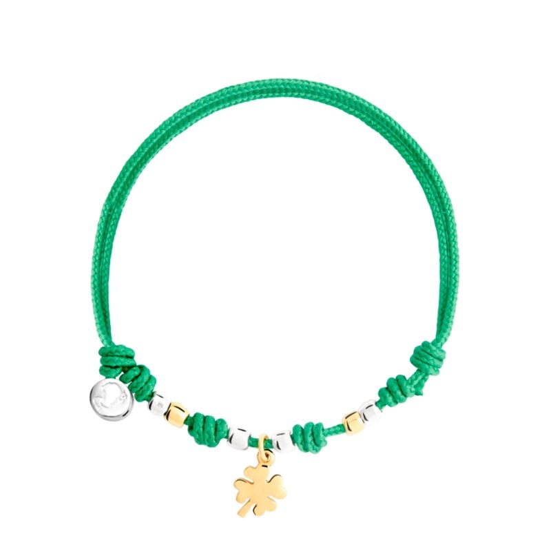 DODO GREEN CORD BRACELET WITH SILVER AND YELLOW GOLD FOUR LEAF CLOVER