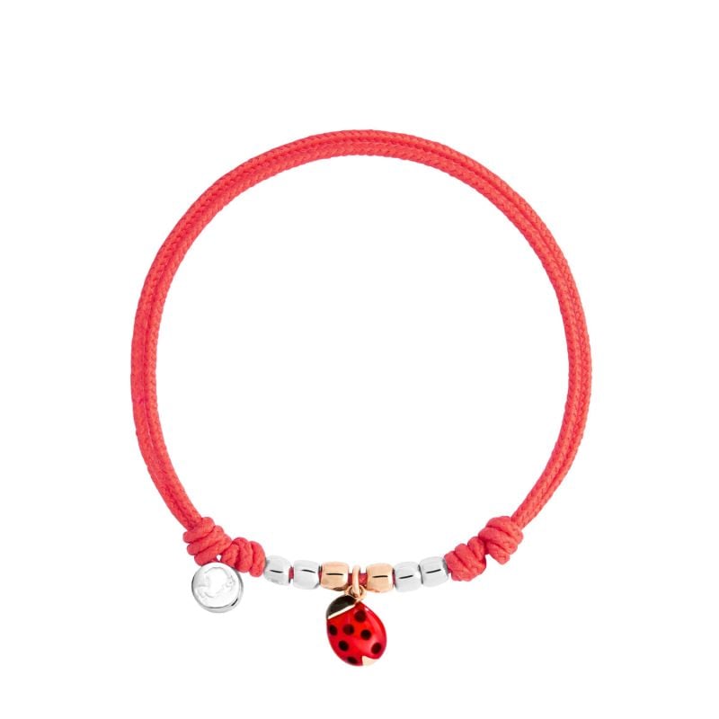 DODO RED CORD BRACELET WITH ROSE GOLD AND SILVER LADYBUG