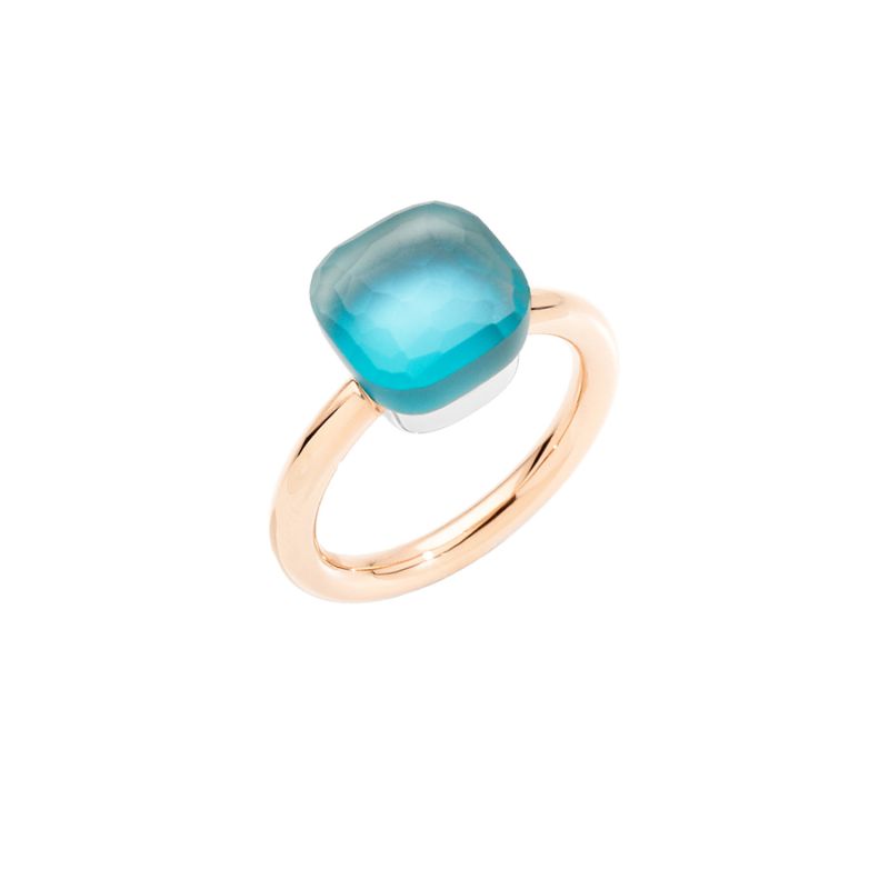 POMELLATO ROSE AND WHITE GOLD RING WITH BLUE TOPAZ, TURQUIOISE AND MOTHER OF PEARL NUDO GELE