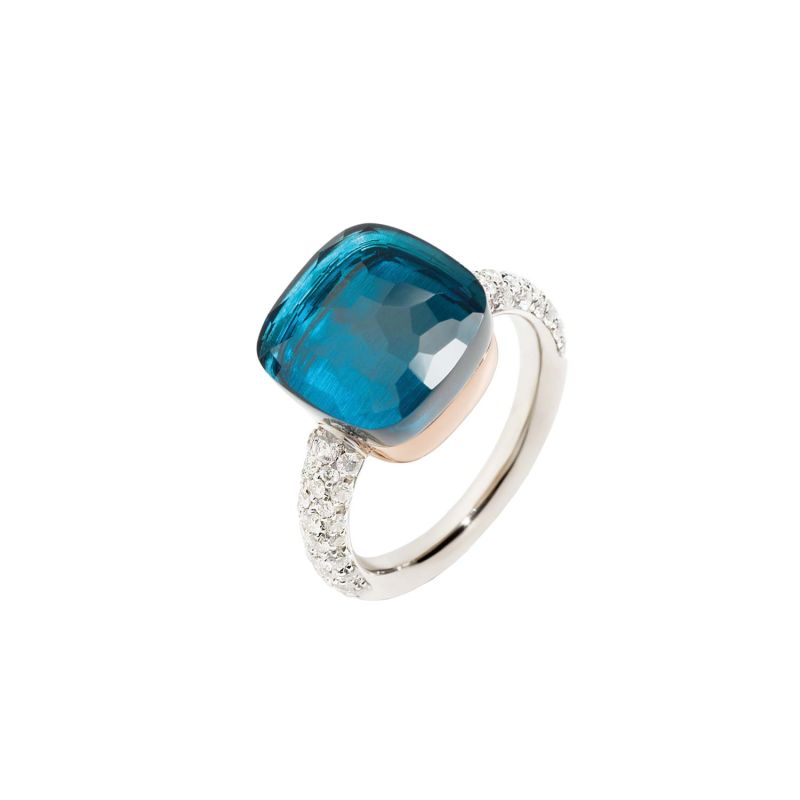 POMELLATO ROSE AND WHITE GOLD RING WITH LONDON BLUE TOPAZ AND DIAMONDS NUDO MAXI