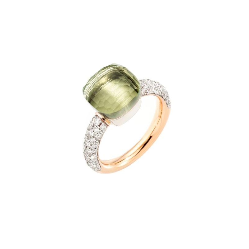 POMELLATO ANILLO DE ORO ROSA Y ORO BLANCO CON PRASIOLITE Y DIAMANTES NUDO CLASSIC 