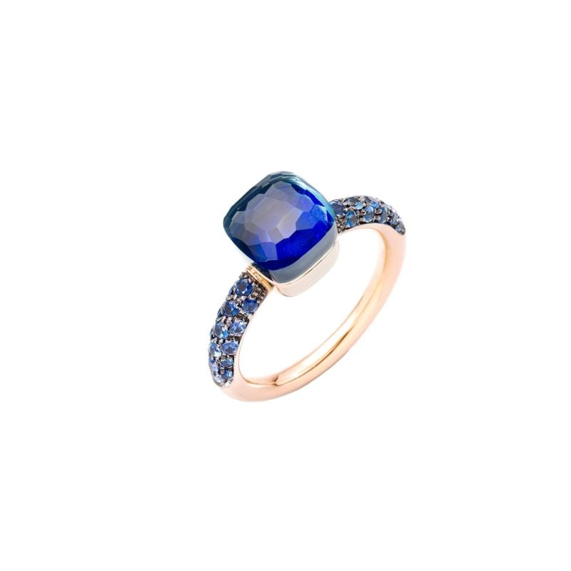 POMELLATO ANILLO DE ORO ROSA Y ORO BLANCO CON UN TOPACIO AZUL LONDON, UN LAPISLÁZULI Y ZAFIROS AZULES NUDO PETIT