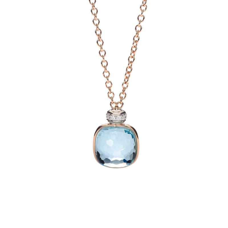 POMELLATO ROSE AND WHITE GOLD NECKLACE WITH WHITE DIAMONDS AND BLUE TOPAZ NUDO