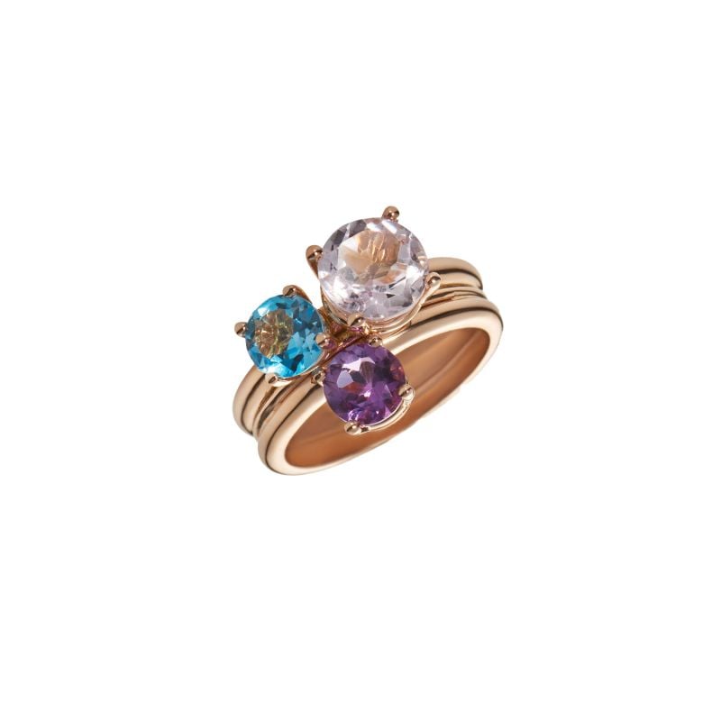 CERVERA BARCELONA BAGUE EN OR ROSE AVEC AMÉTHYSTES ET TOPAZE BLEUE TOI ET MOI