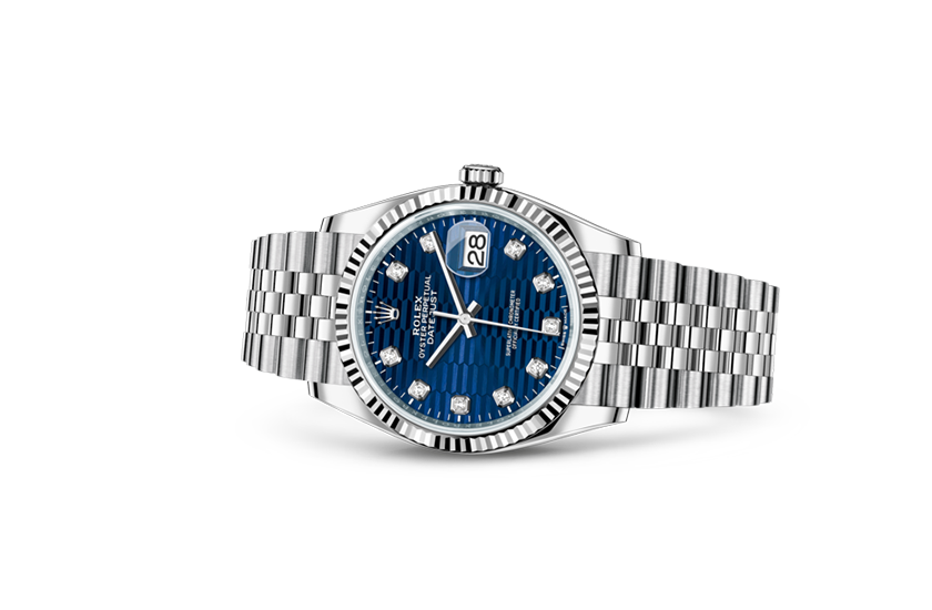 Rolex Watch Datejust 36 Oystersteel, WHITE GOLD and Bright blue dial, fluted motif set with diamonds at Quera in Girona and Alicante