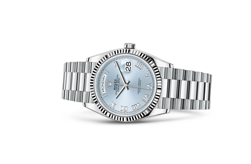 Rolex Day-Date 36 Platinum y Ice blue dial in Quera 