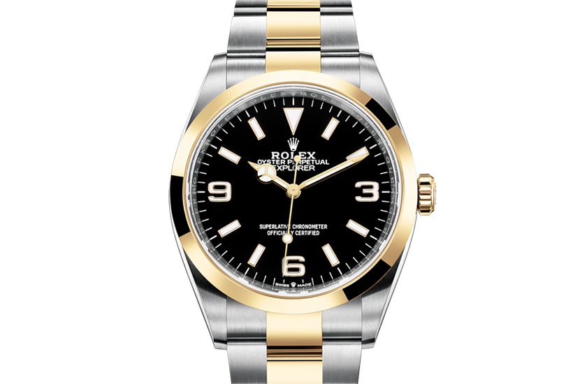 Rolex Explorer Oystersteel, yellow gold and black dial in Quera