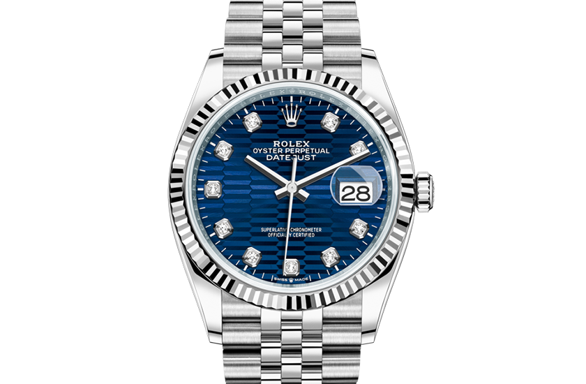 Rolex Watch Datejust 36 Oystersteel, WHITE GOLD and Bright blue dial, fluted motif set with diamonds at Quera in Girona and Alicante