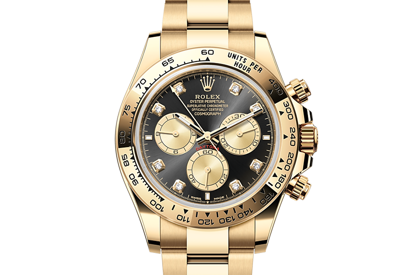 Rolex Cosmograph Daytona yellow gold and Bright black and golden dial set with diamonds in Quera
