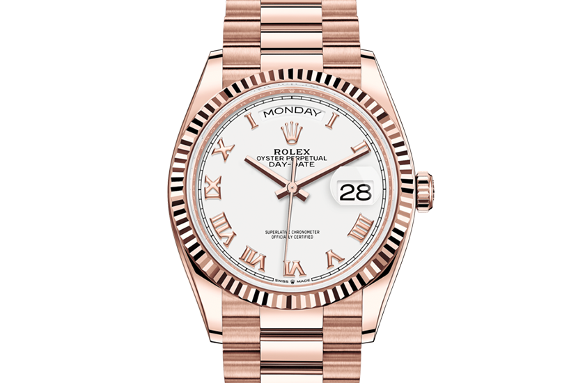 Rolex Day-Date 36 Everose gold and White dial in Quera 