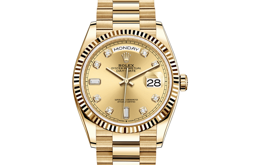 Rolex Day-Date 36 yellow gold and Champagne-colour dial set with diamonds in Quera 
