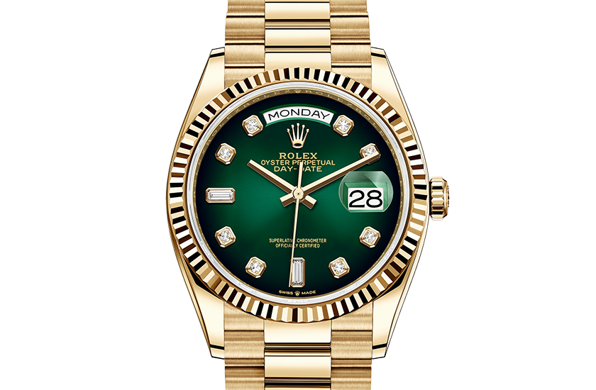 Rolex Day-Date 36  yellow gold and Green ombré set with diamonds in Quera 