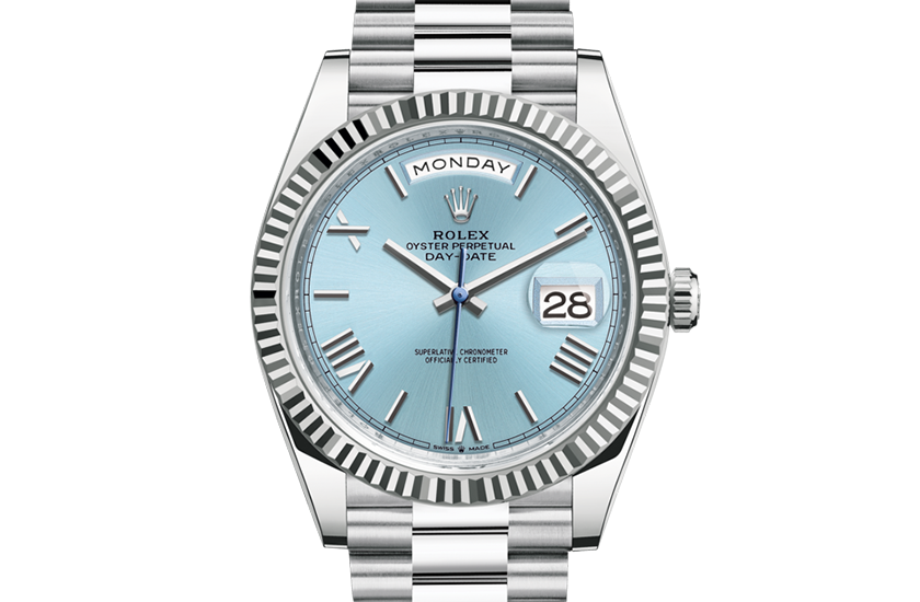 Rolex Day-Date 40 Platinum y Ice blue dial in Quera 