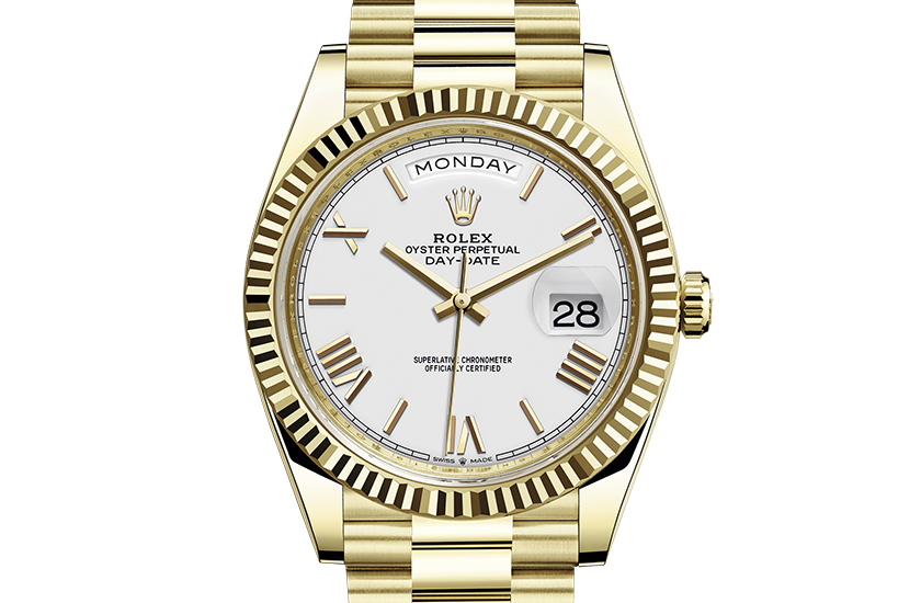 Rolex Day-Date 40 yellow gold and White dial in Quera 