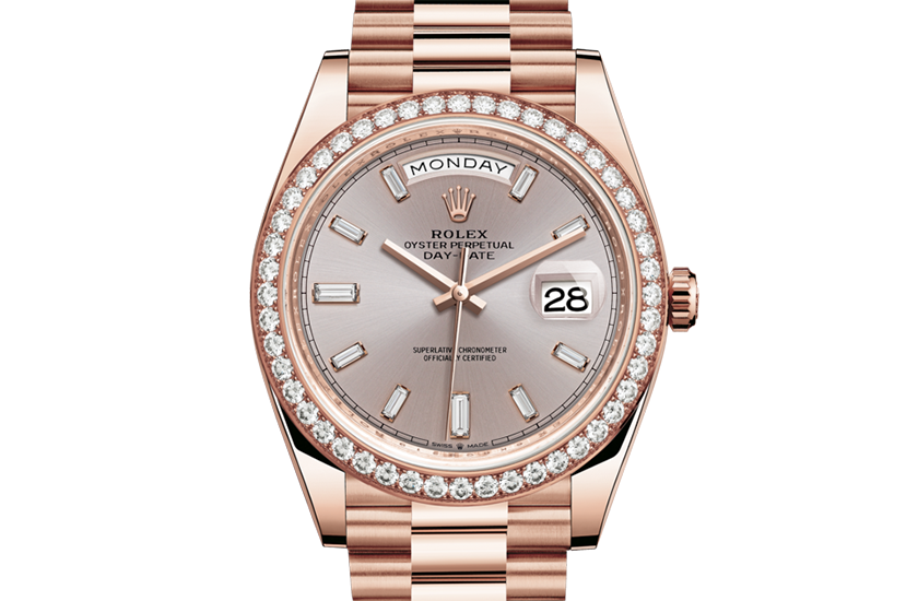 Rolex Day-Date 40 Everose gold, diamonds and sundust dial set with diamonds   in Quera 