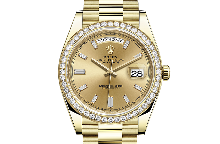 Rolex Day-Date 40 yellow gold, champagne dial set with diamonds in Quera 