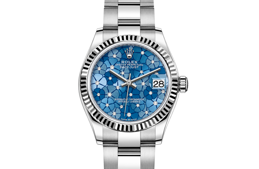 Reloj Rolex Datejust 31 esfera azul azzurro, motivo floral, engastada de diamantes Quera en Girona y Alicante