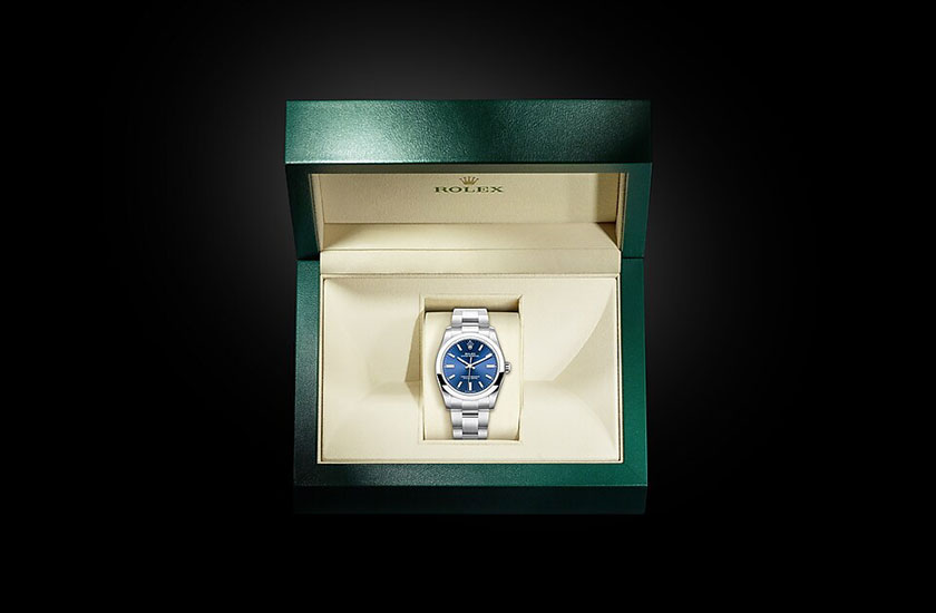 Estuche Reloj Rolex Oyster Perpetual 34 acero Oystersteel y esfera color azul vivo Quera