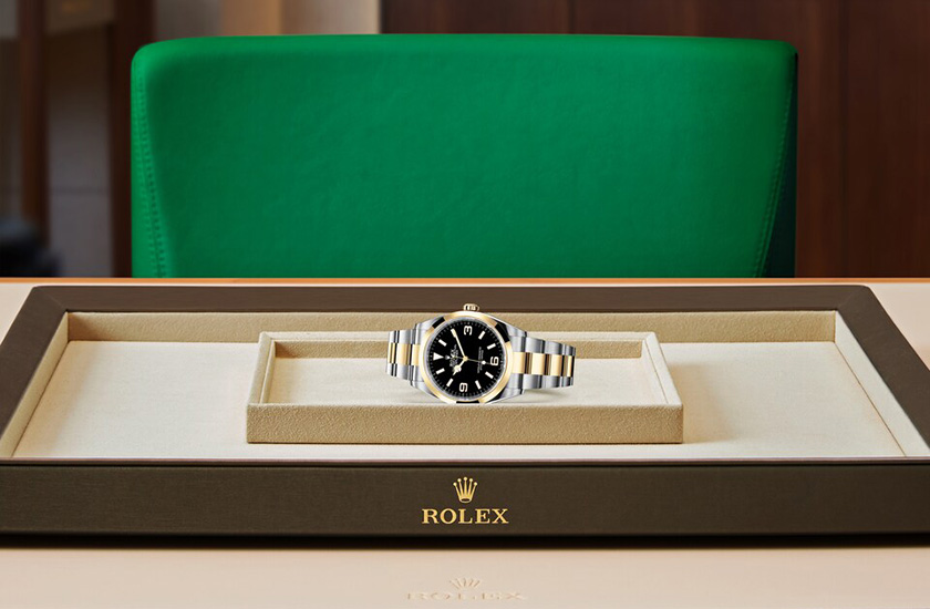 Presentación watchdesk reloj Rolex Explorer de acero Oystersteel, oro amarillo y esfera negra en Quera
