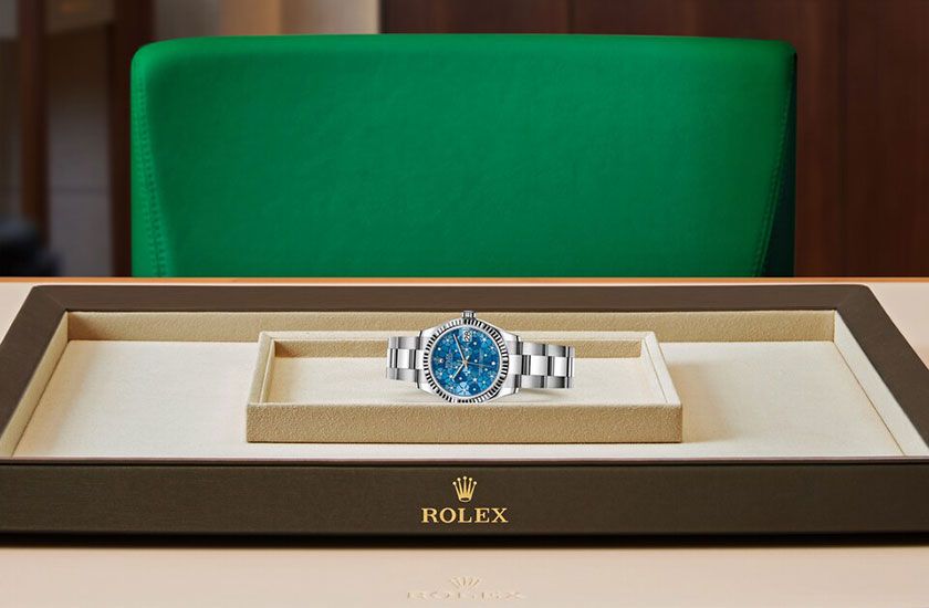 Rolex Watch Datejust 31 Azzurro blue, floral motif set with diamonds watchdesk at Quera