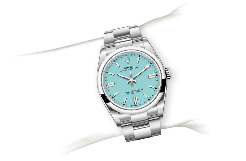 Simulación muñeca Rolex Oyster Perpetual 36 Oystersteel and Turquoise blue dial in Quera