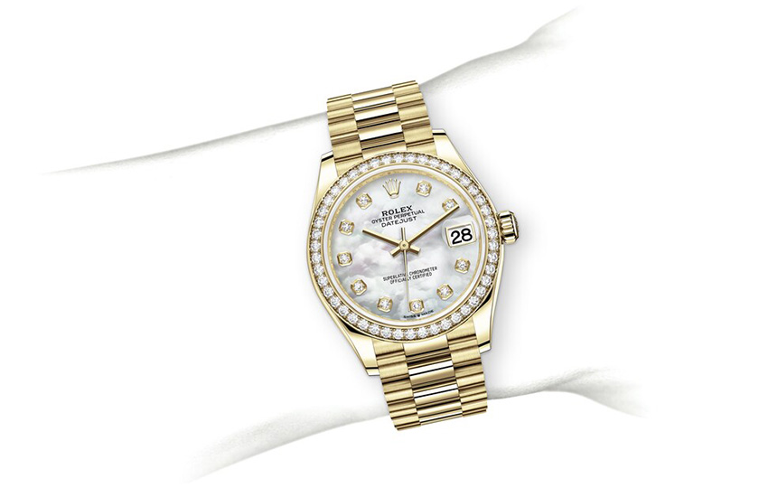 Simulación muñeca Rolex Datejust 31 yellow gold, diamonds and Mother-of-Pearl Dial set with diamonds at Quera