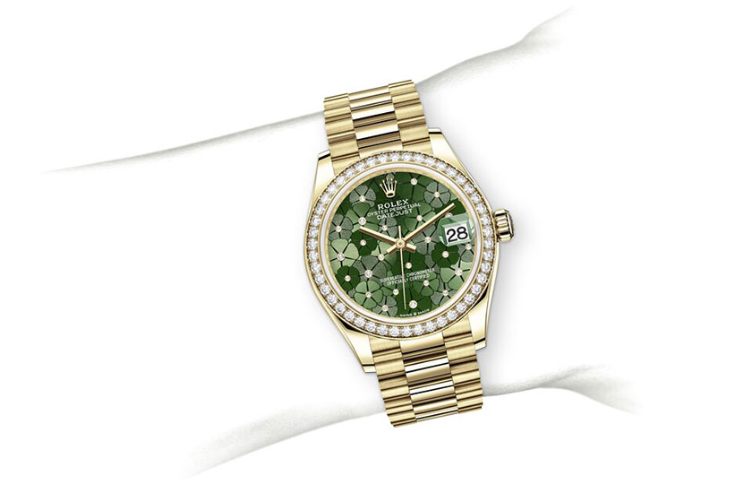 Simulación muñeca Rolex Datejust 31 yellow gold, diamonds and Olive green, floral motif set with diamonds at Quera